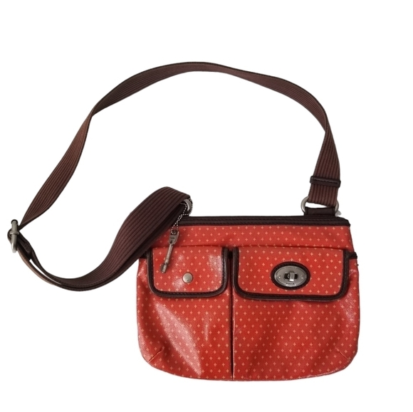 Fossil Key Per Vintage Coated Orange Canvas Crossbody Bag Purse - Picture 1 of 13